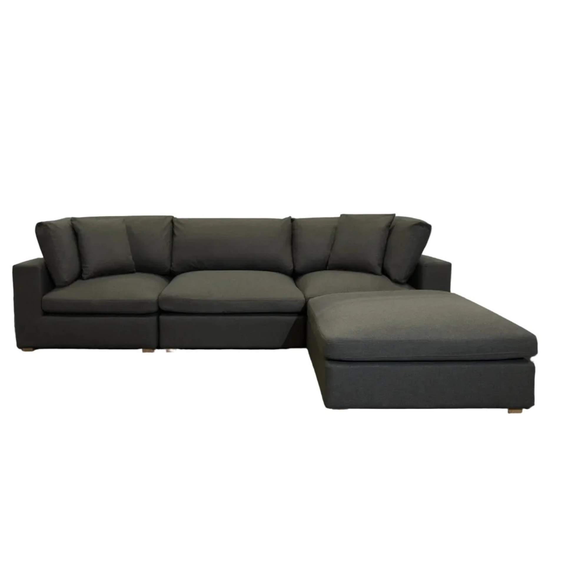 A modern gray sectional sofa with a right-facing chaise lounge, shown from a front three-quarter angle against a plain white background.
