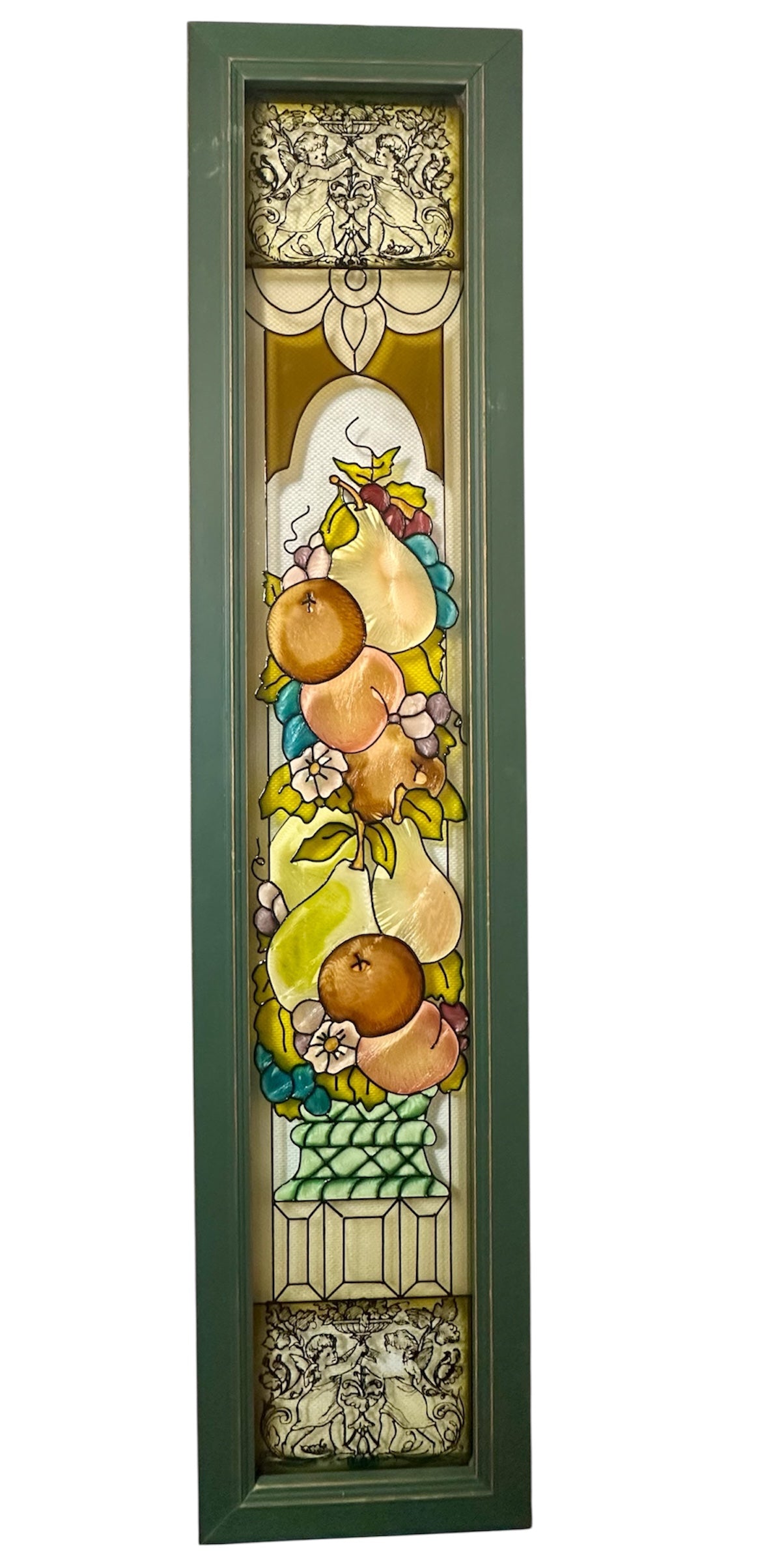 Stained glass panel featuring a colorful arrangement of fruits, including pears and oranges, complemented by floral elements and decorative accents.
