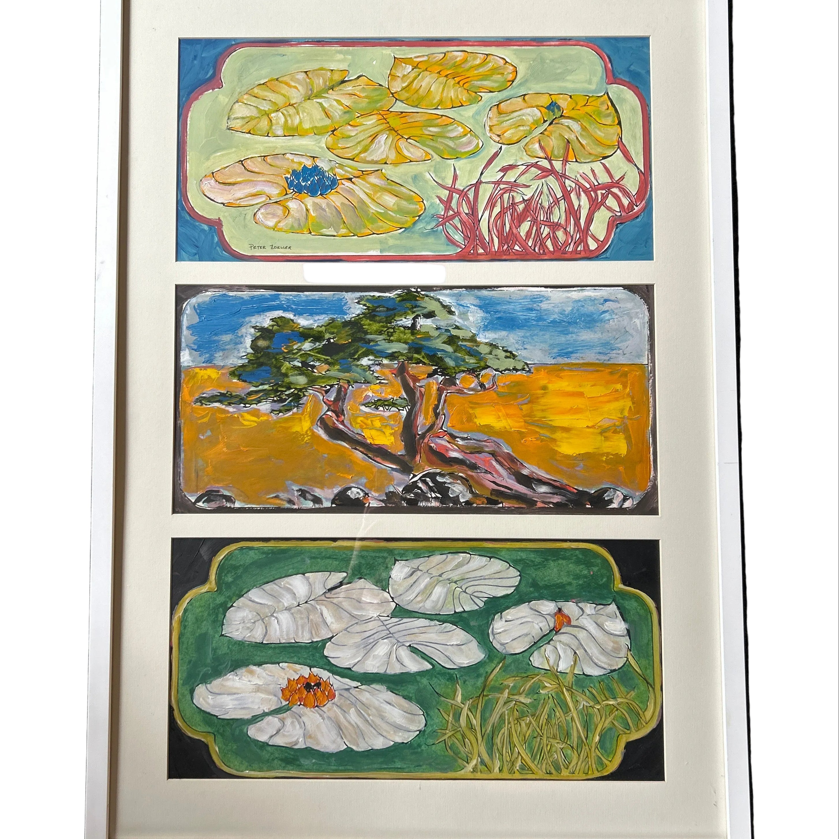 Framed artwork with three floral panels on a textured dark background