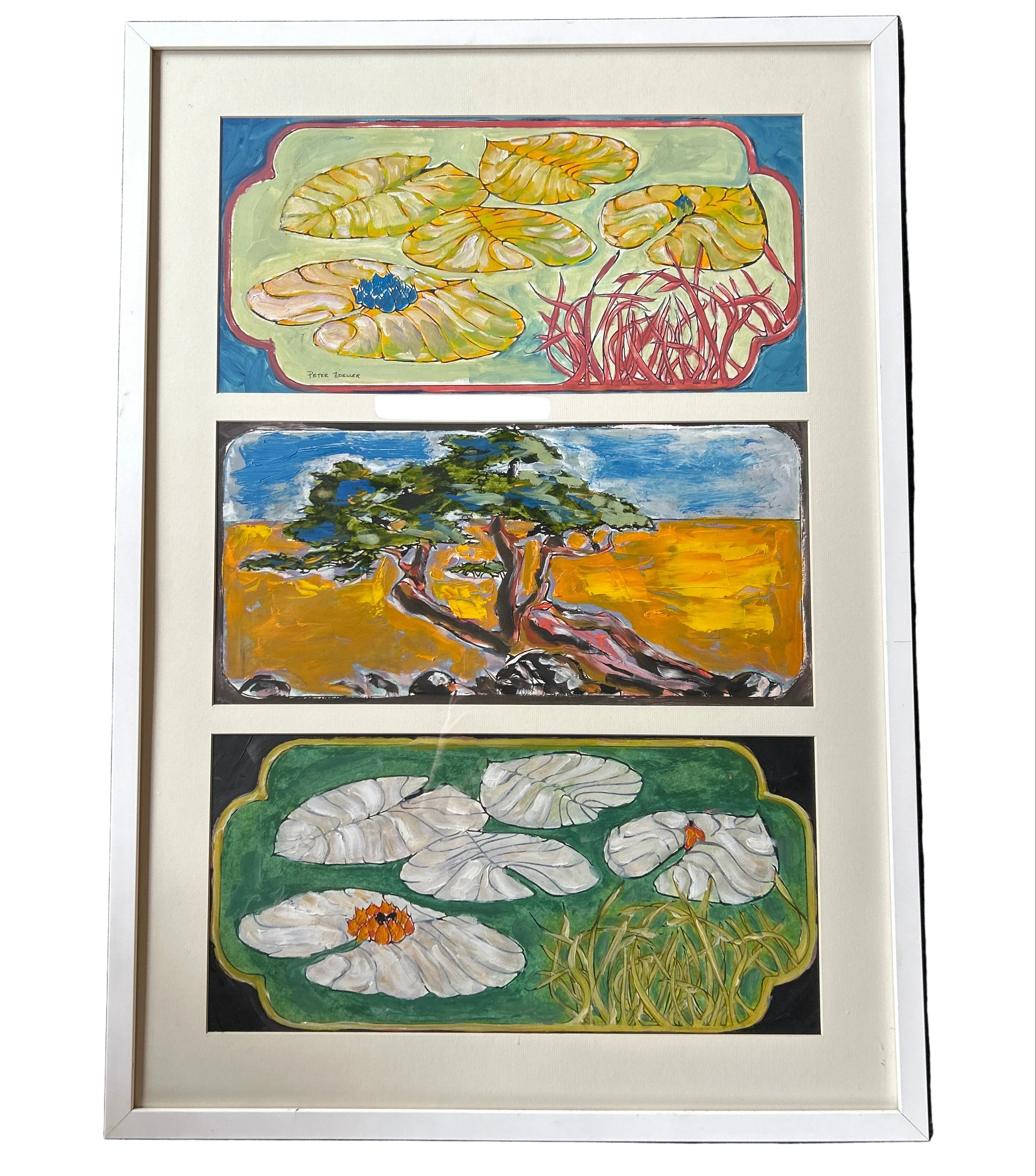 Framed artwork with three floral panels on a textured dark background