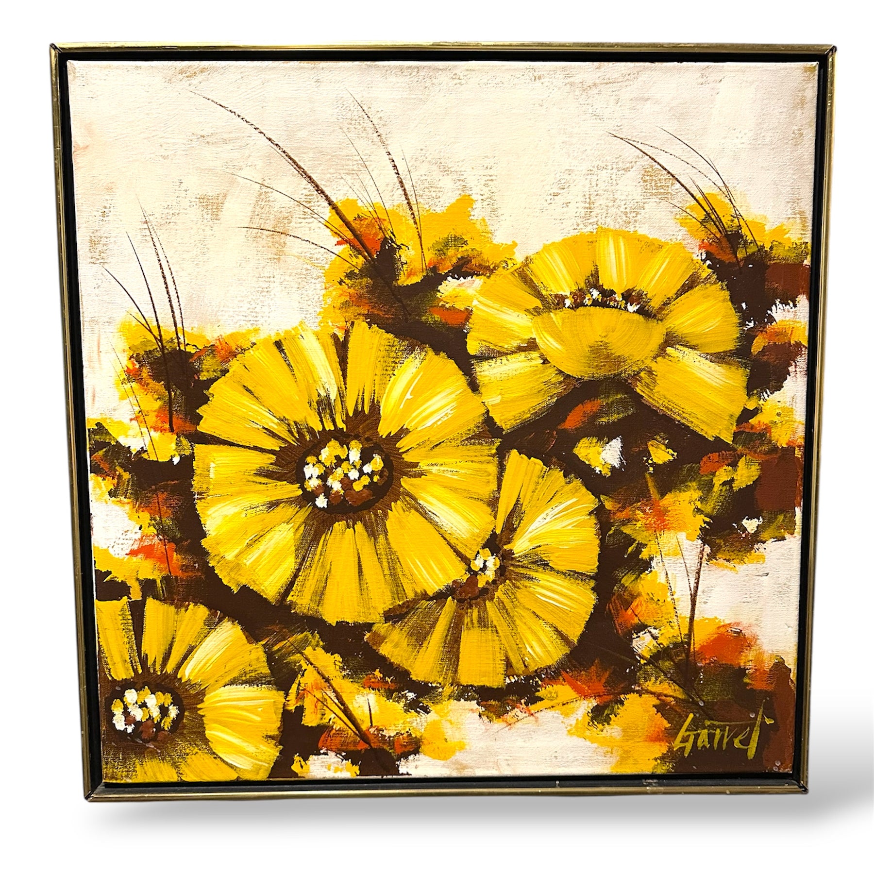 A vibrant abstract painting featuring bold yellow flowers against a textured background. The artwork incorporates brown and orange accents.