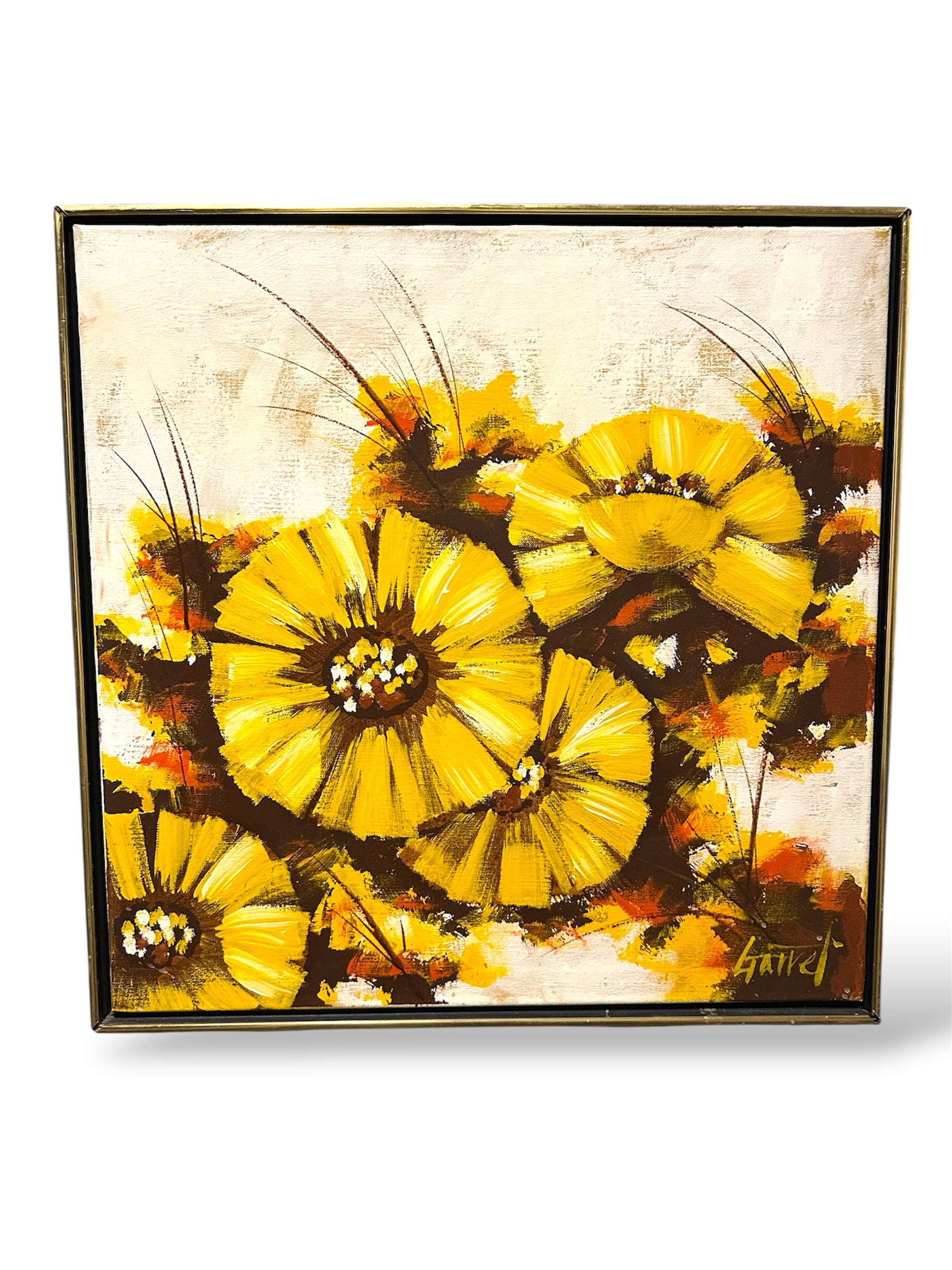 A vibrant abstract painting featuring bold yellow flowers against a textured background. The artwork incorporates brown and orange accents.