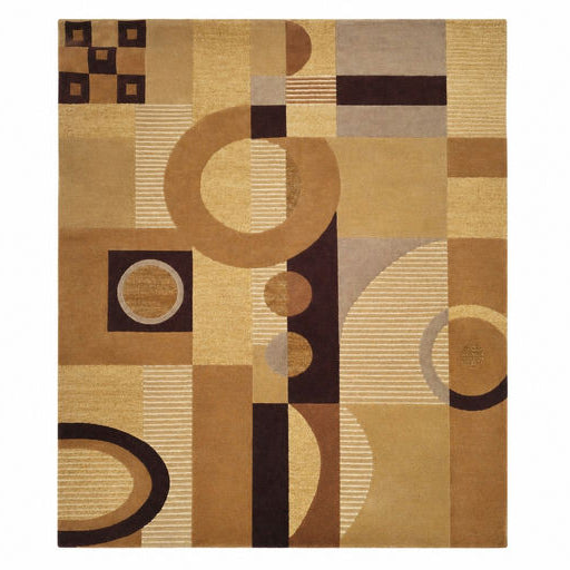 A geometric area rug featuring various shapes in warm tones of brown, beige, and tan, with a mix of patterns including stripes and circles.