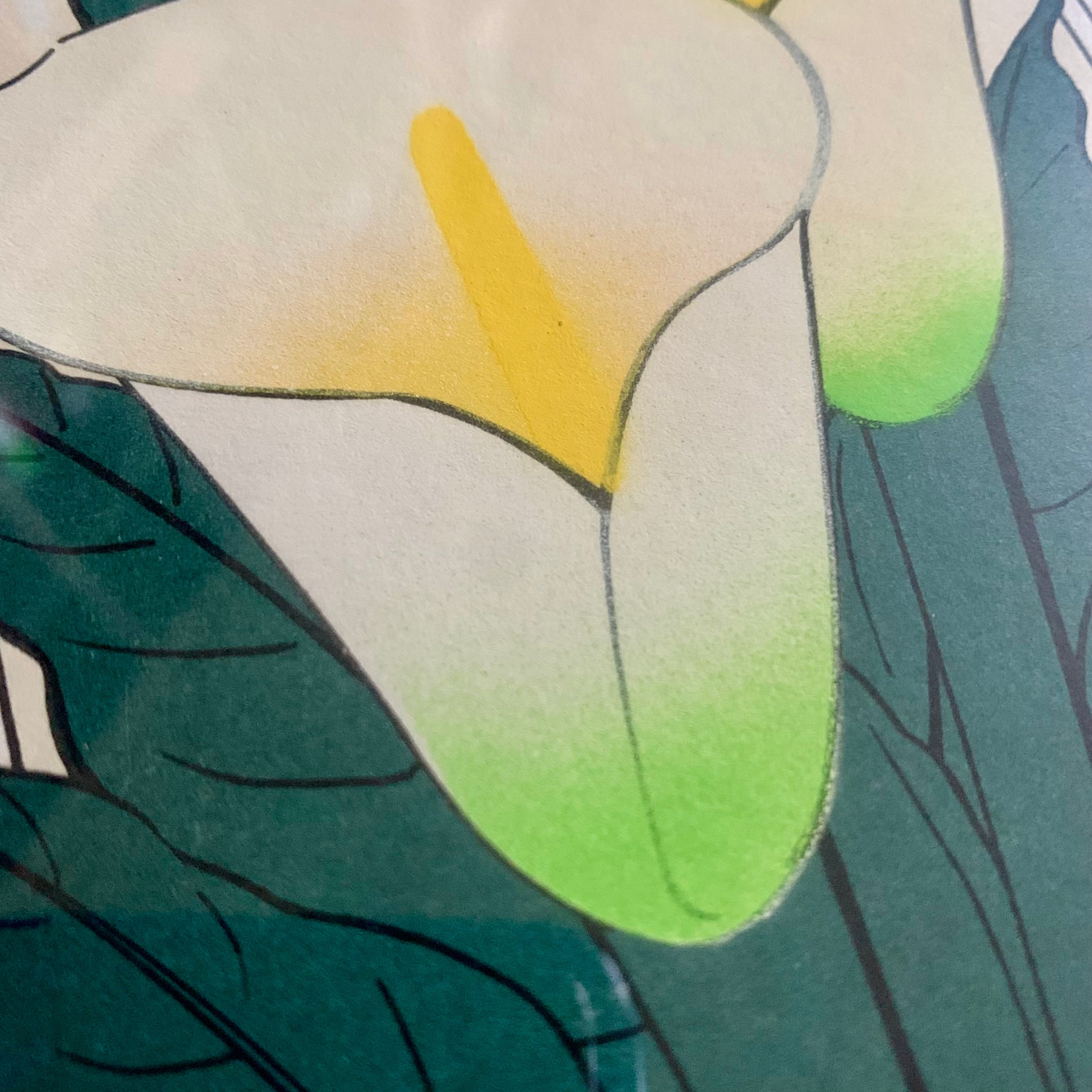 Close-up of stylized calla lilies showcasing white petals with yellow accents and green tips, surrounded by dark green leaves.