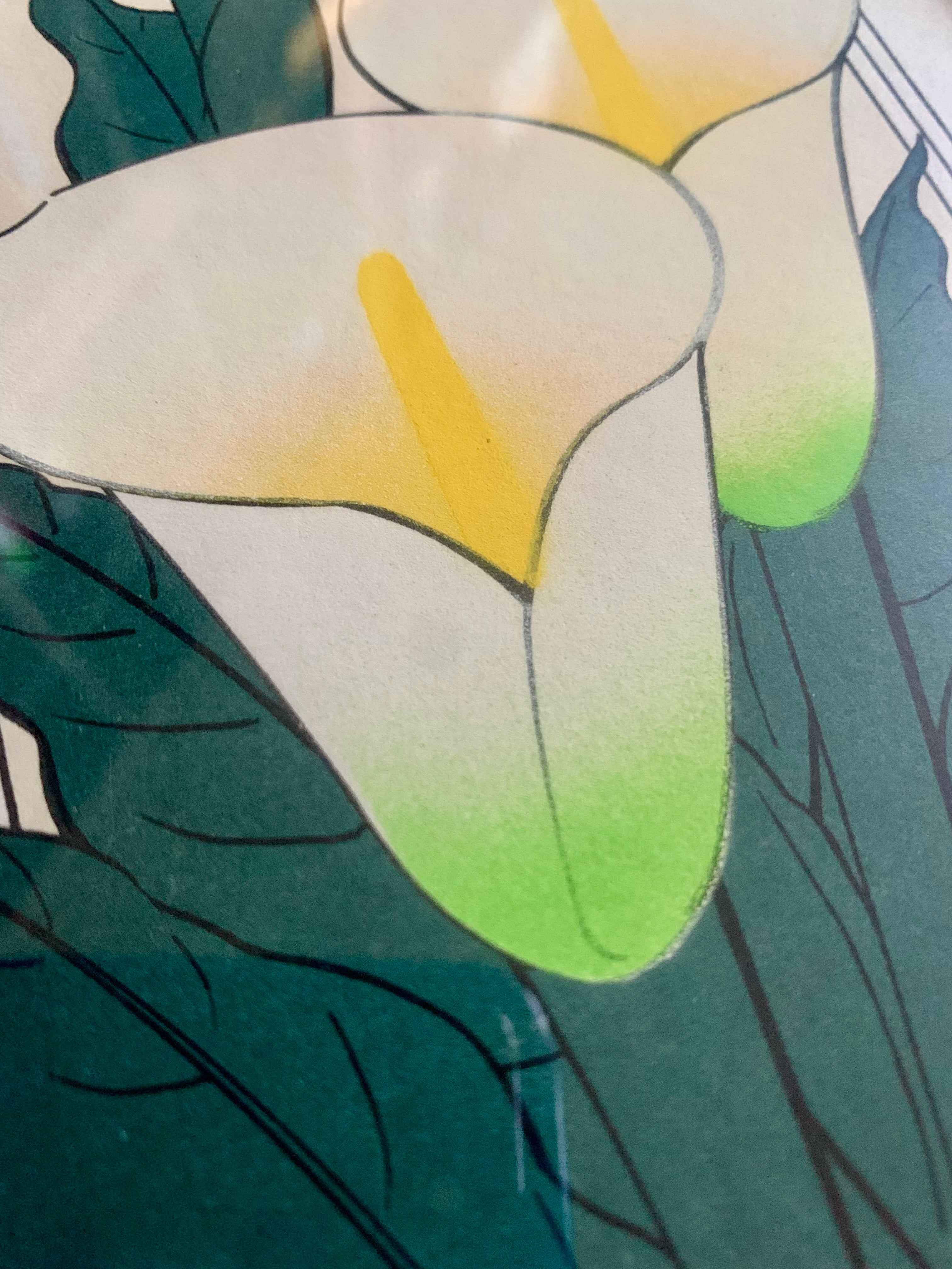 Close-up of stylized calla lilies showcasing white petals with yellow accents and green tips, surrounded by dark green leaves.
