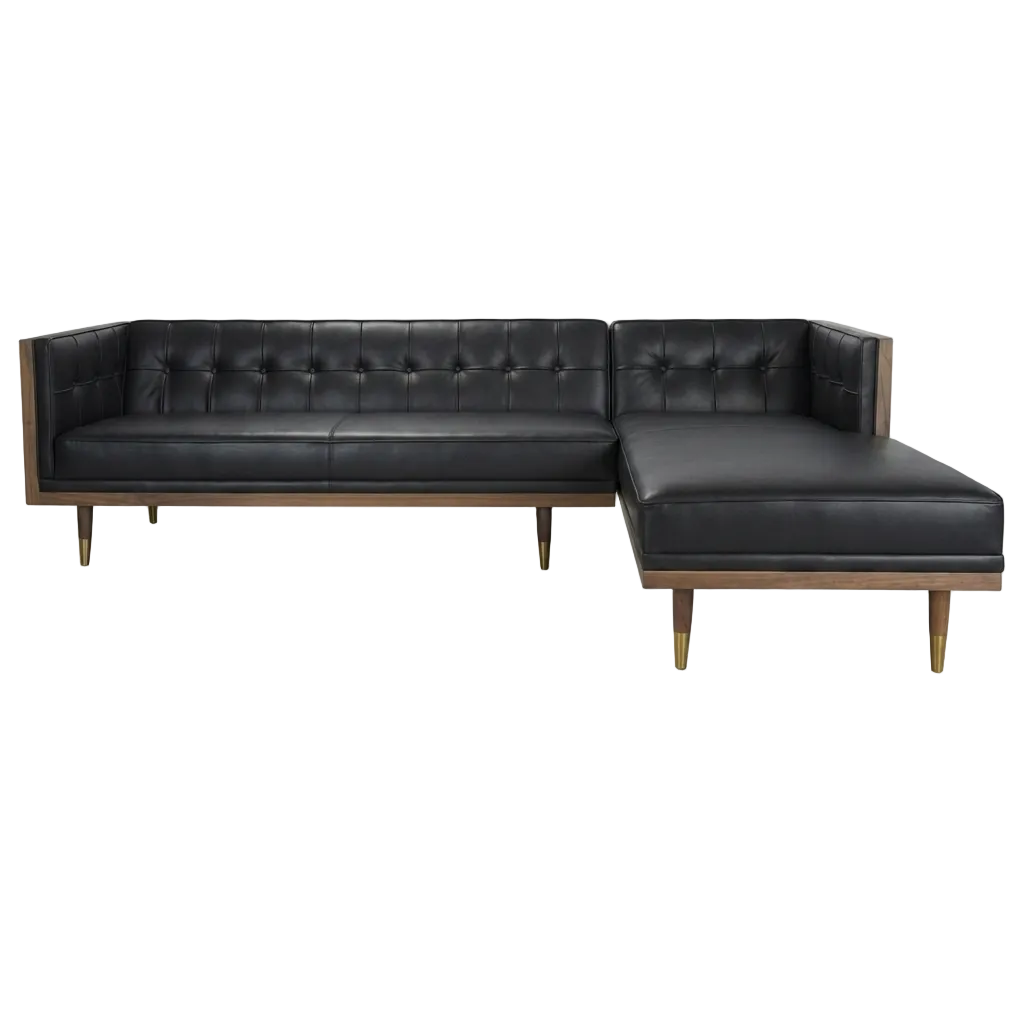 Black leather sectional sofa on a white background