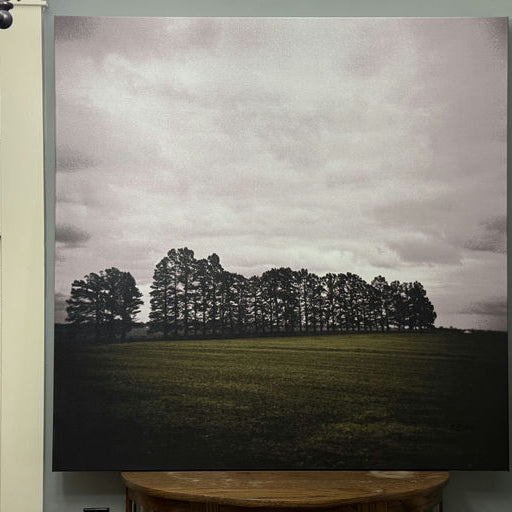 A large artwork featuring dark trees silhouetted against a cloudy sky, set above a green field. The piece is displayed on a wall near wood accents.