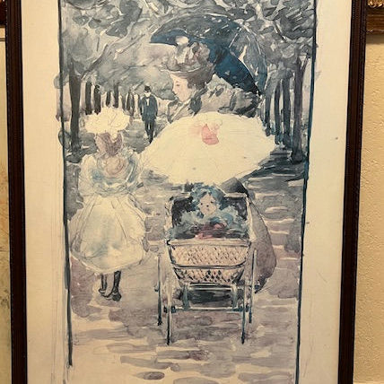 A watercolor painting depicts a woman with an umbrella and two children strolling through a tree-lined path. A baby is in a stroller.