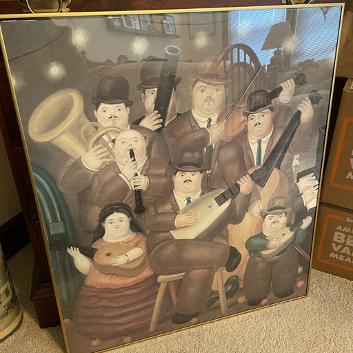 A colorful illustration of musicians playing various instruments, featuring a group of plump figures in vintage attire, set against a warm background.