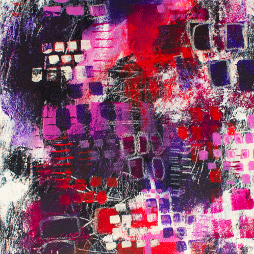 Abstract painting featuring a vibrant mix of reds, purples, and blacks, with geometric shapes and textured brushstrokes creating a dynamic visual effect.