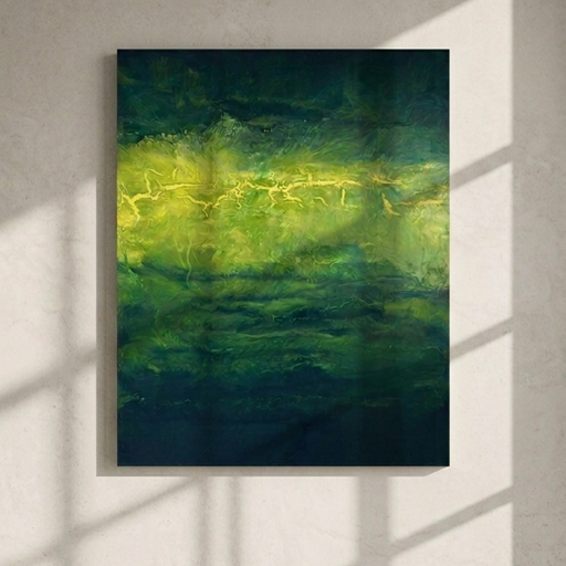 A vibrant abstract painting features swirling shades of green and blue, illuminated by soft light streaming through a nearby window.