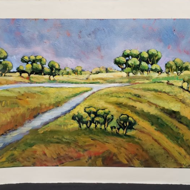 A peaceful landscape painting depicting a serene countryside scene with rolling hills, a meandering stream, and clusters of lush green trees under a sky with soft shades of blue, pink, and purple.