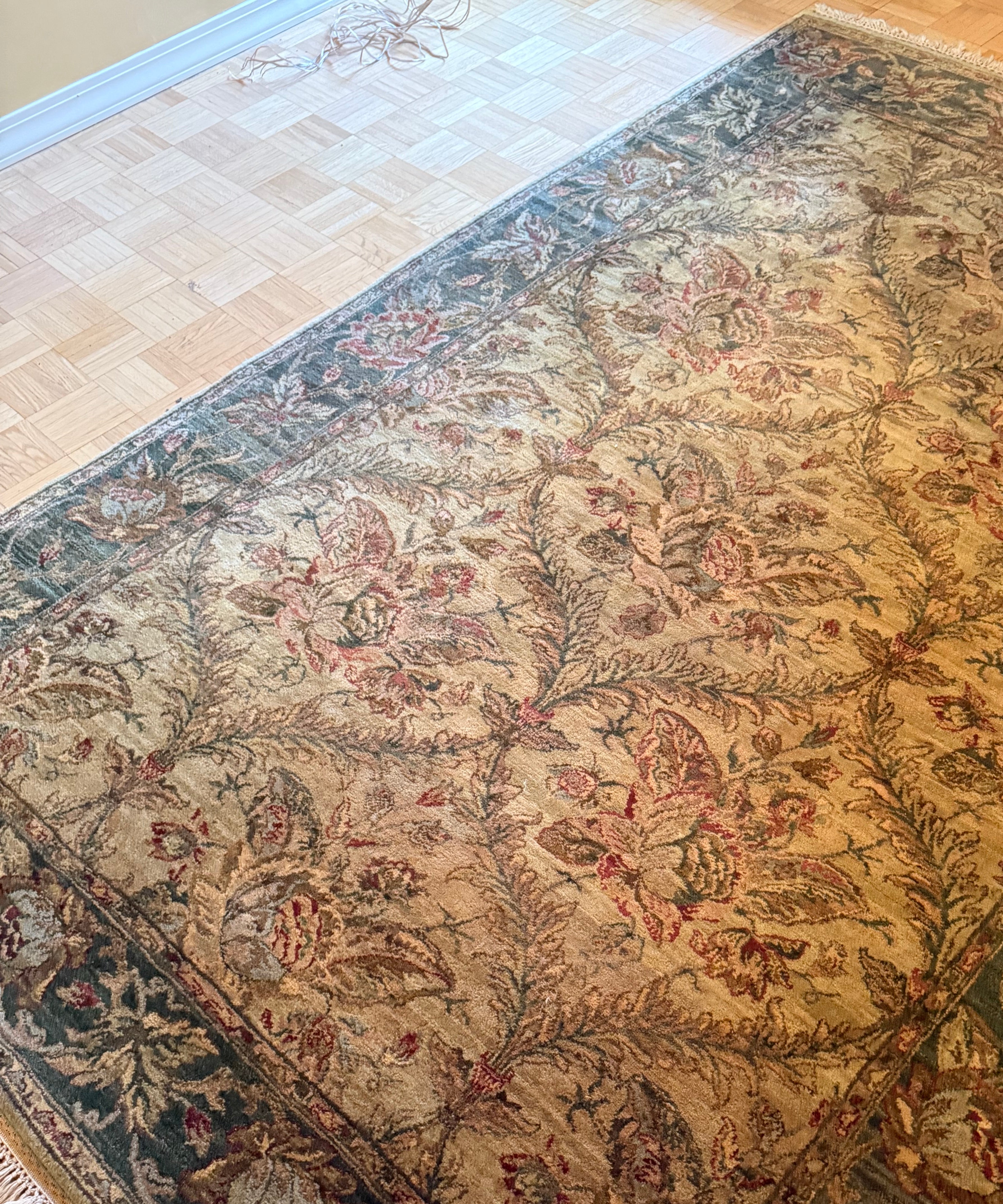 A decorative area rug featuring floral patterns in muted colors, resting on a light wood floor with a soft, textured border.