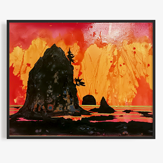 A vibrant abstract landscape featuring dark rock formations silhouetted against a dramatic orange and red sunset, with splashes of color adding texture.