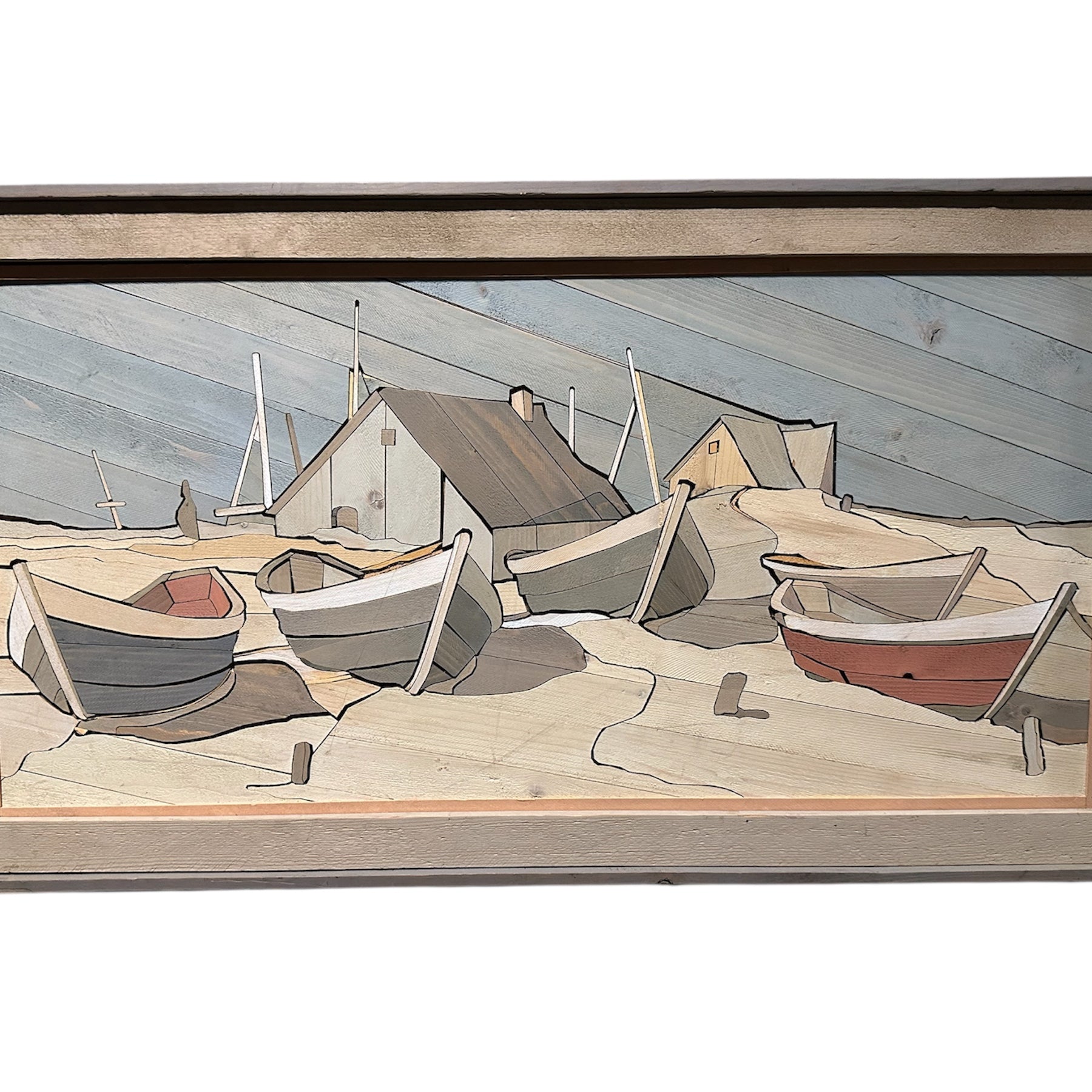 A wooden panel artwork shows several boats on a sandy shore, with cabins in the background and a soft blue sky above.
