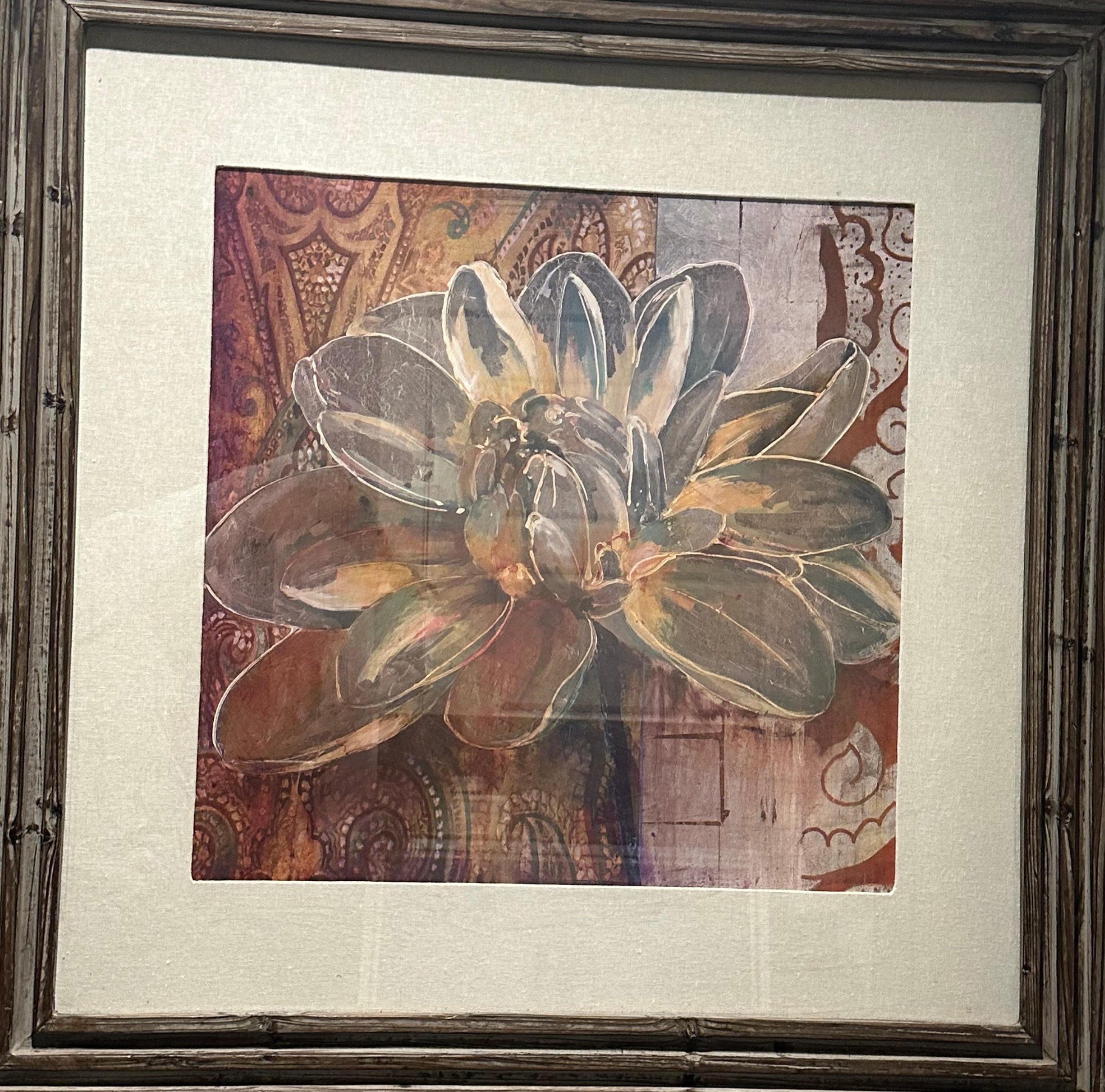 A framed watercolor painting of a delicate flower against a textured background with warm colors, displaying intricate patterns and subtle details.