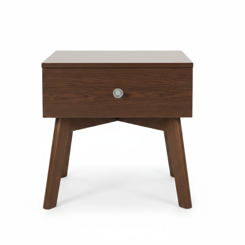 Wooden side table with a drawer on a white background