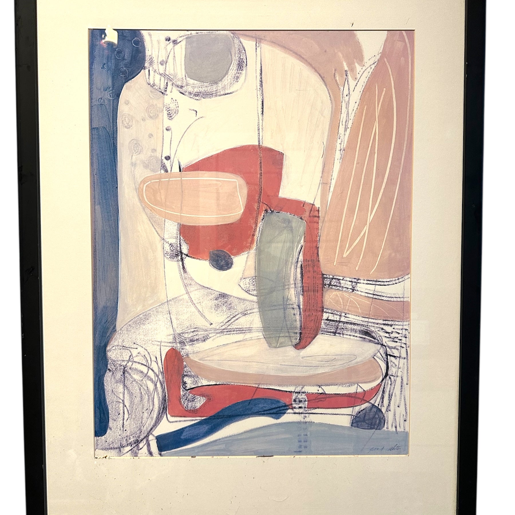 Abstract artwork with soft pastel colors, featuring circular and curved shapes, framed in black. Organic forms create a harmonious composition.
