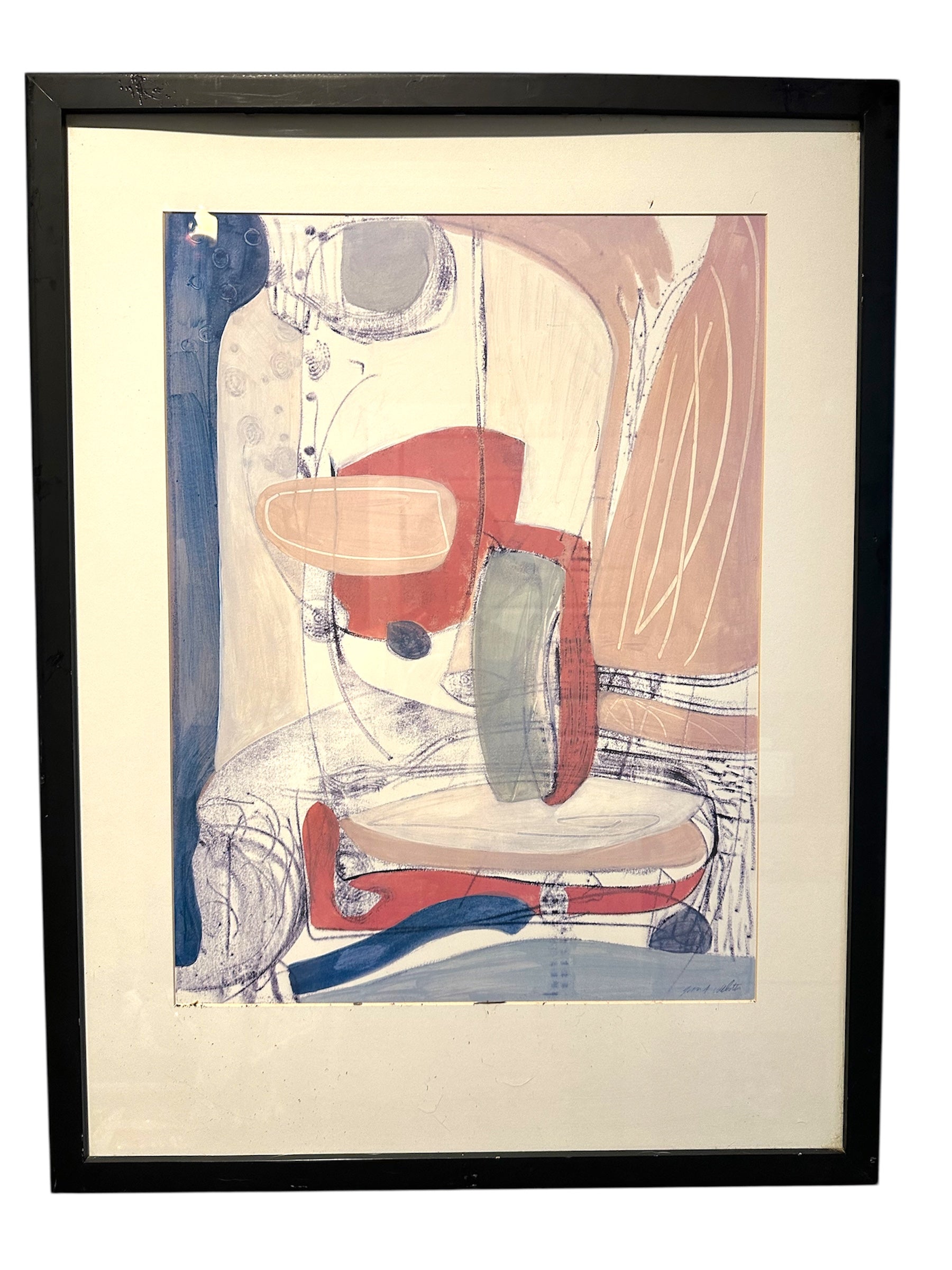 Abstract artwork with soft pastel colors, featuring circular and curved shapes, framed in black. Organic forms create a harmonious composition.