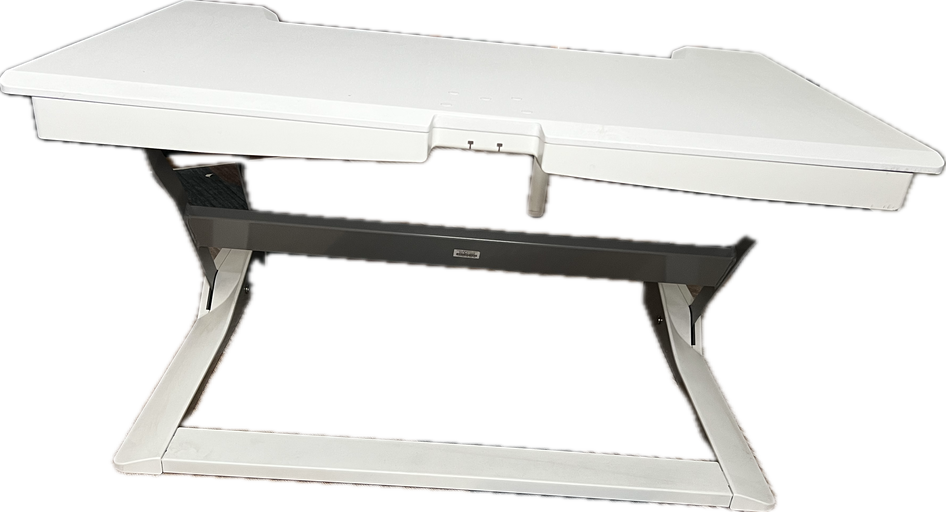 A modern, adjustable desk with a white surface and a sturdy gray frame. Designed for ergonomic comfort and versatility in workspaces.