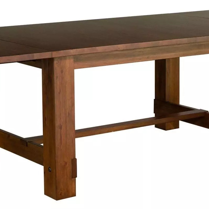 Anacortes trestle table extended with leaf, angled view