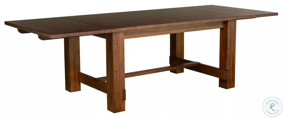Anacortes trestle table extended with leaf, angled view