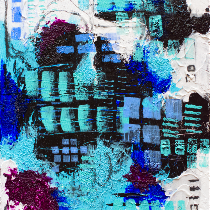 An abstract painting featuring vibrant blue, turquoise, black, and purple textures and shapes, creating a dynamic interplay of colors and patterns.