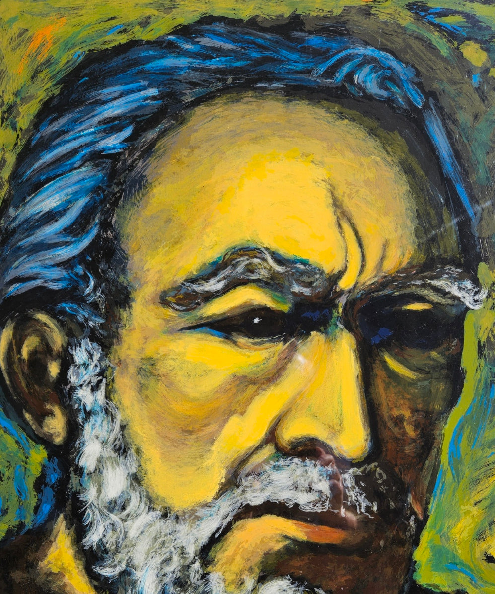 A colorful portrait of an elderly man with a prominent beard and thoughtful expression, set against an abstract, vibrant background.