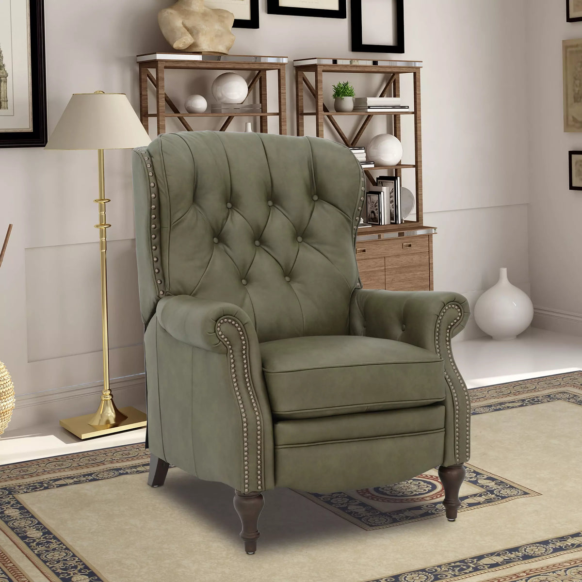 Kendall olive leather recliner in a living room setting