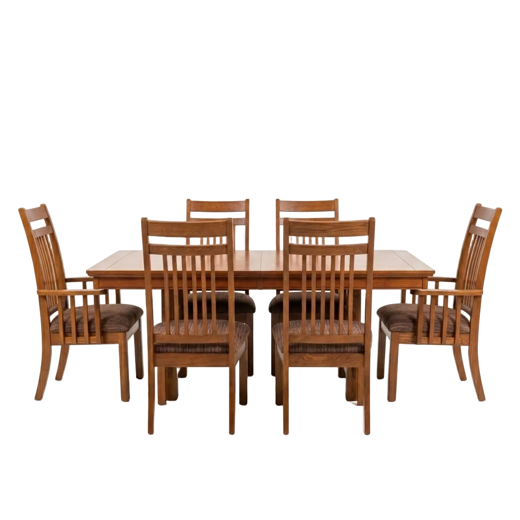 Wooden dining table with six matching chairs on a white background