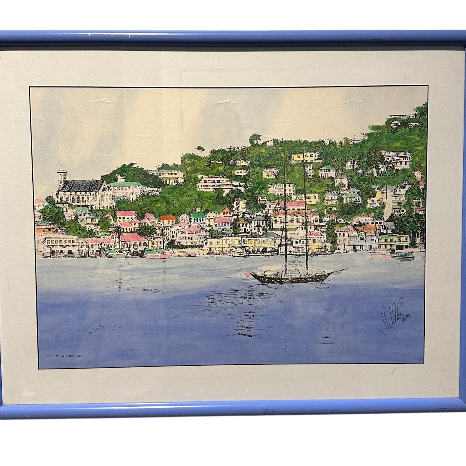 A vibrant illustration of a coastal town with colorful buildings on a hillside, a sailboat in the foreground, and a calm sea. Framed in blue.