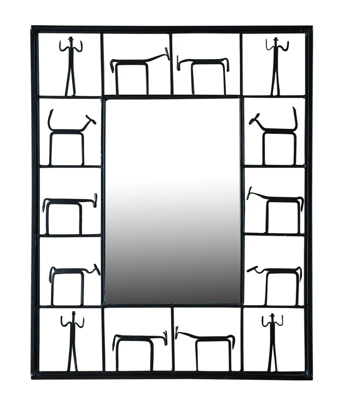 Black metal mirror frame featuring stylized figures of people and animals in a grid pattern surrounding a central reflective surface.