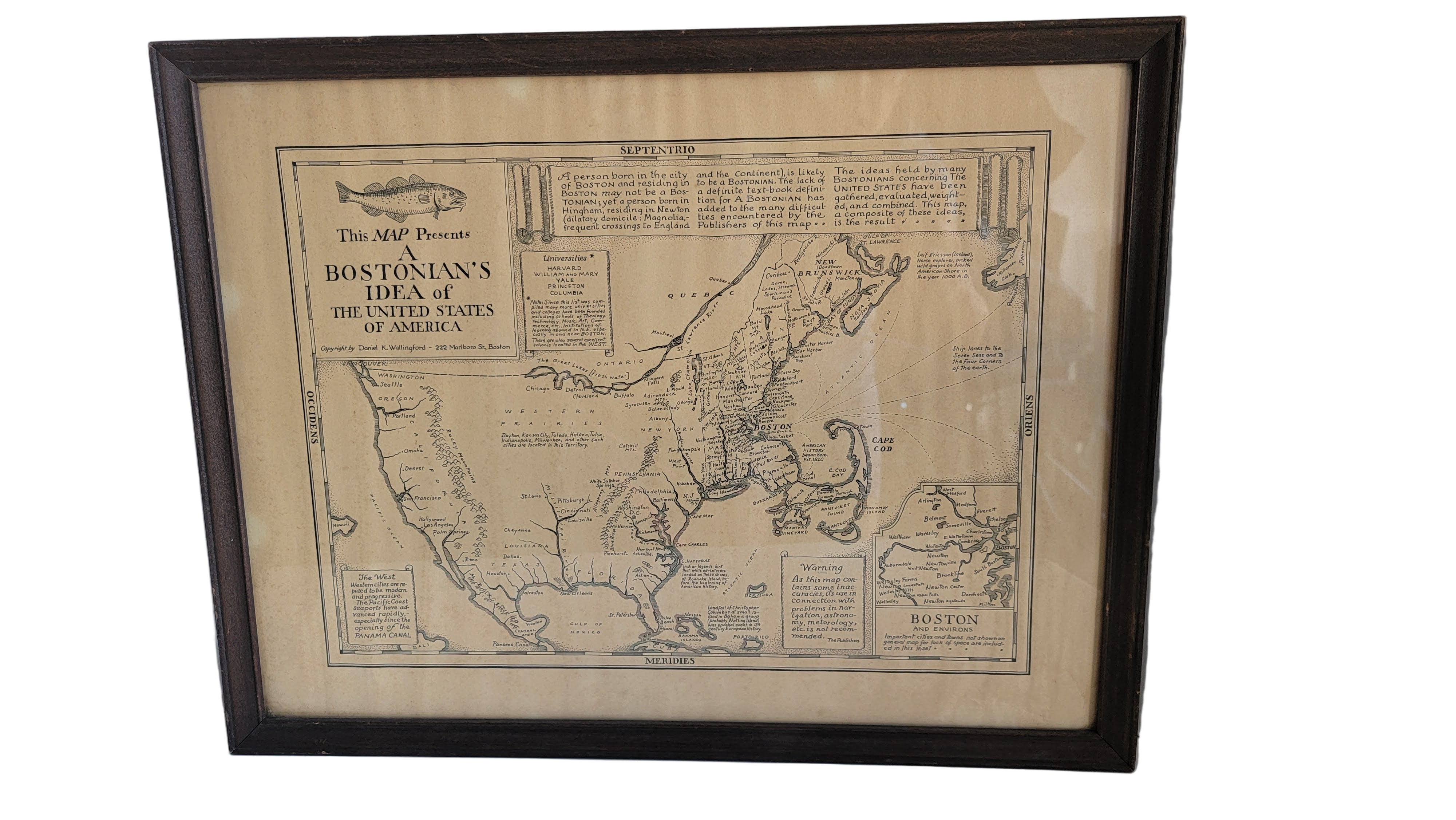 Framed map titled "A Bostonian's Idea of the United States," illustrating a humorous perspective on U.S. geography with Boston at the center.