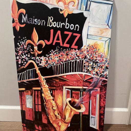 A vibrant painting of Maison Bourbon Jazz with an illustrated saxophone, colorful flowers, and artistic representations of New Orleans culture.