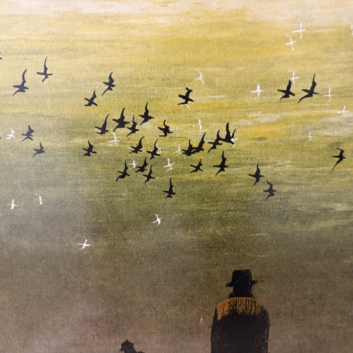 Silhouetted figures observe a flock of birds flying across a golden sky, creating a serene and reflective atmosphere in the scene.