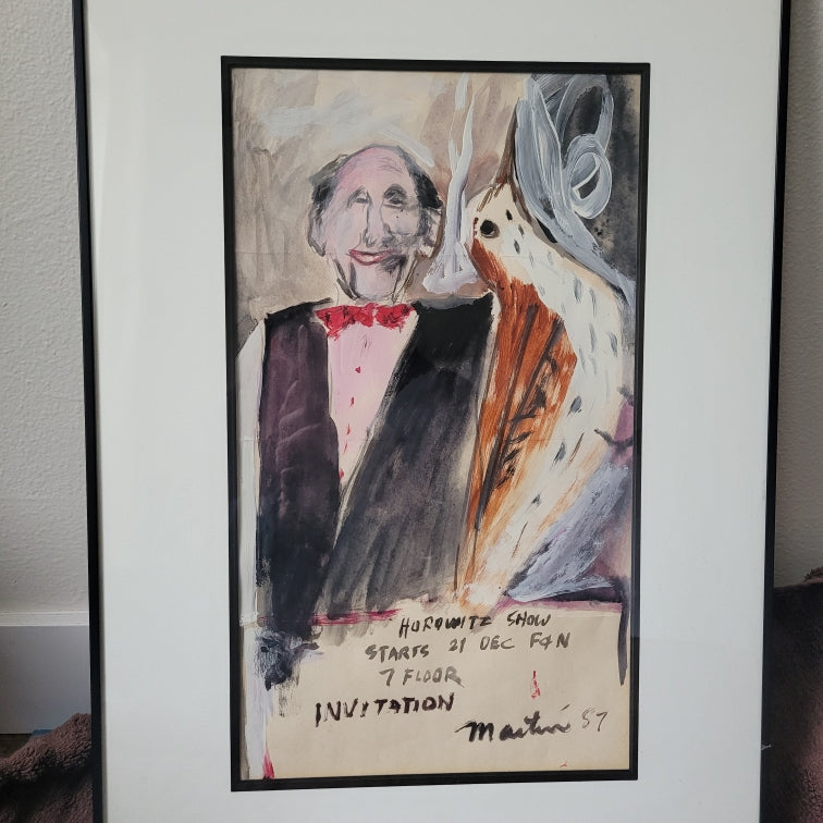 Framed watercolor artwork depicting a smiling man in a suit and a whimsical bird, featuring text about a "Hurovitz Show" invitation from 1957.