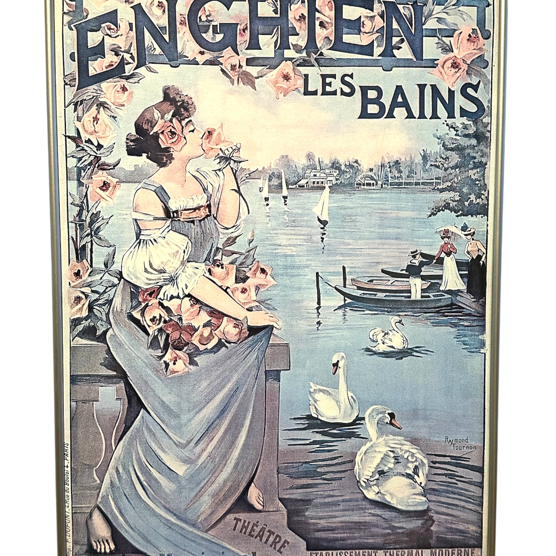 Vintage poster for Enghien-les-Bains featuring a woman in a flowing dress by the water, surrounded by flowers, swans, and sailboats.