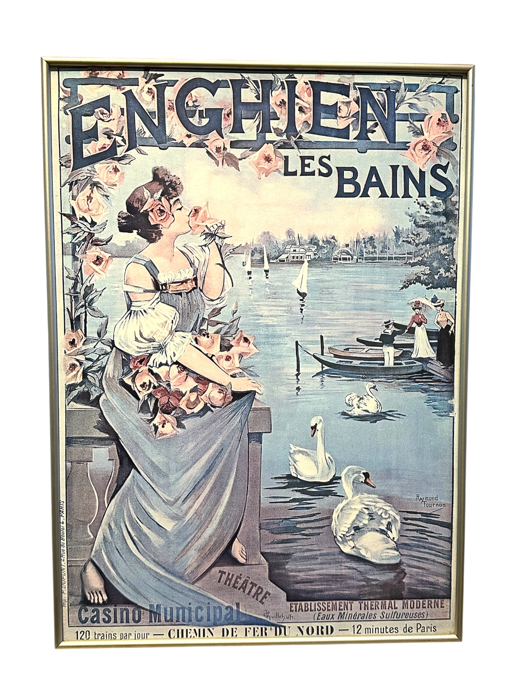 Vintage poster for Enghien-les-Bains featuring a woman in a flowing dress by the water, surrounded by flowers, swans, and sailboats.