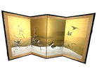 A decorative folding screen featuring serene imagery of ducks and bamboo against a golden background, capturing a tranquil natural scene.