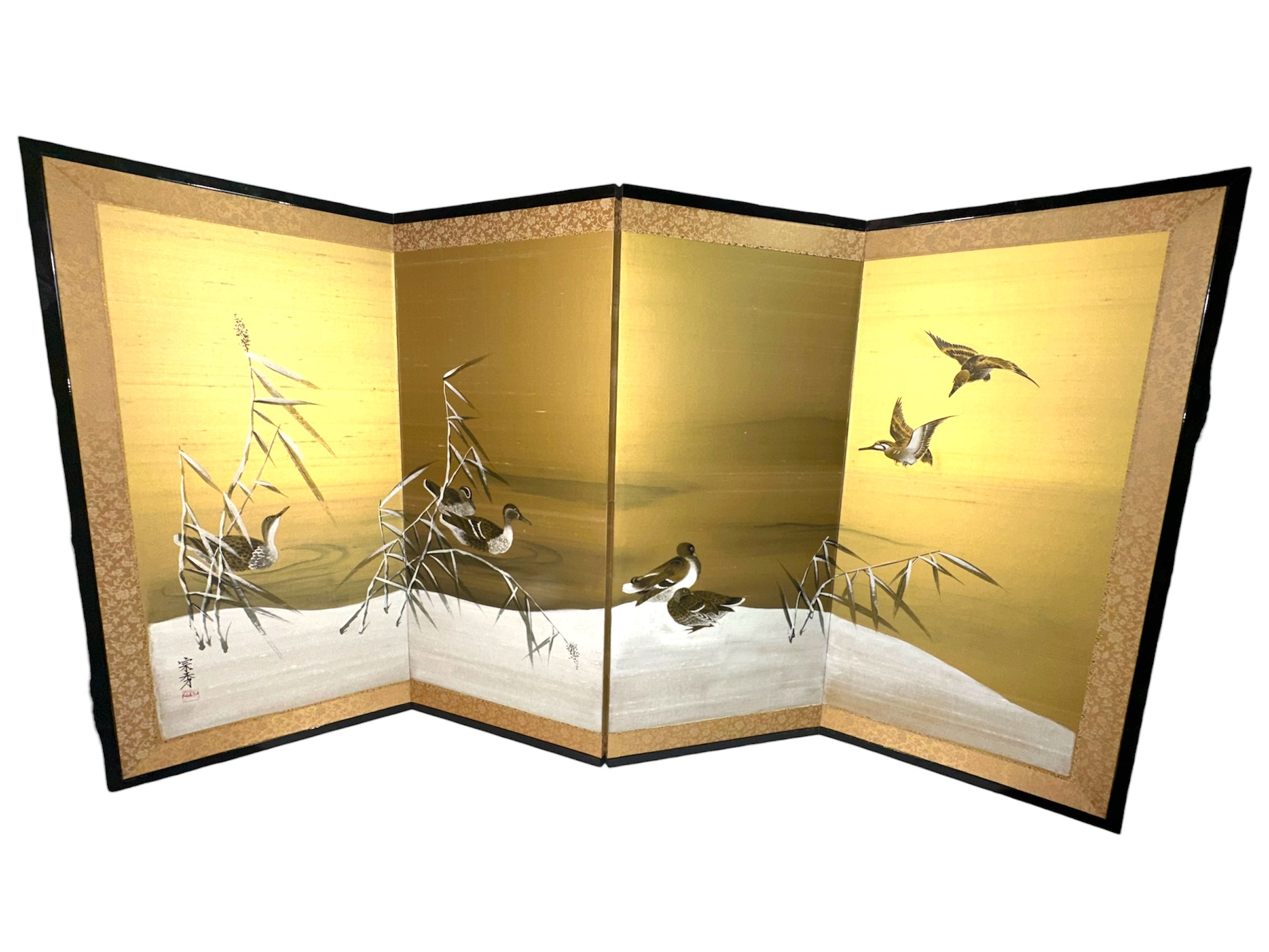 A decorative folding screen featuring serene imagery of ducks and bamboo against a golden background, capturing a tranquil natural scene.