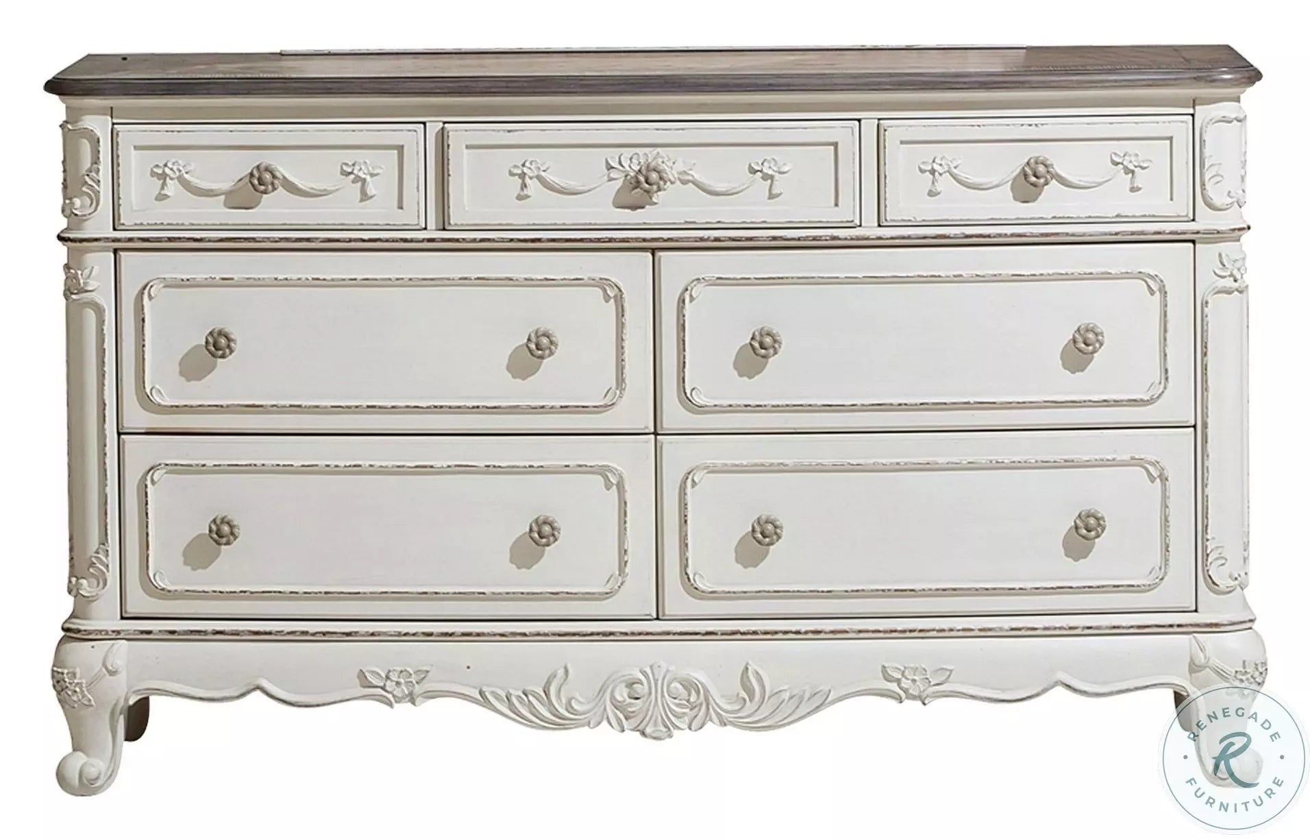 Cinderella antique white 7-drawer dresser, front