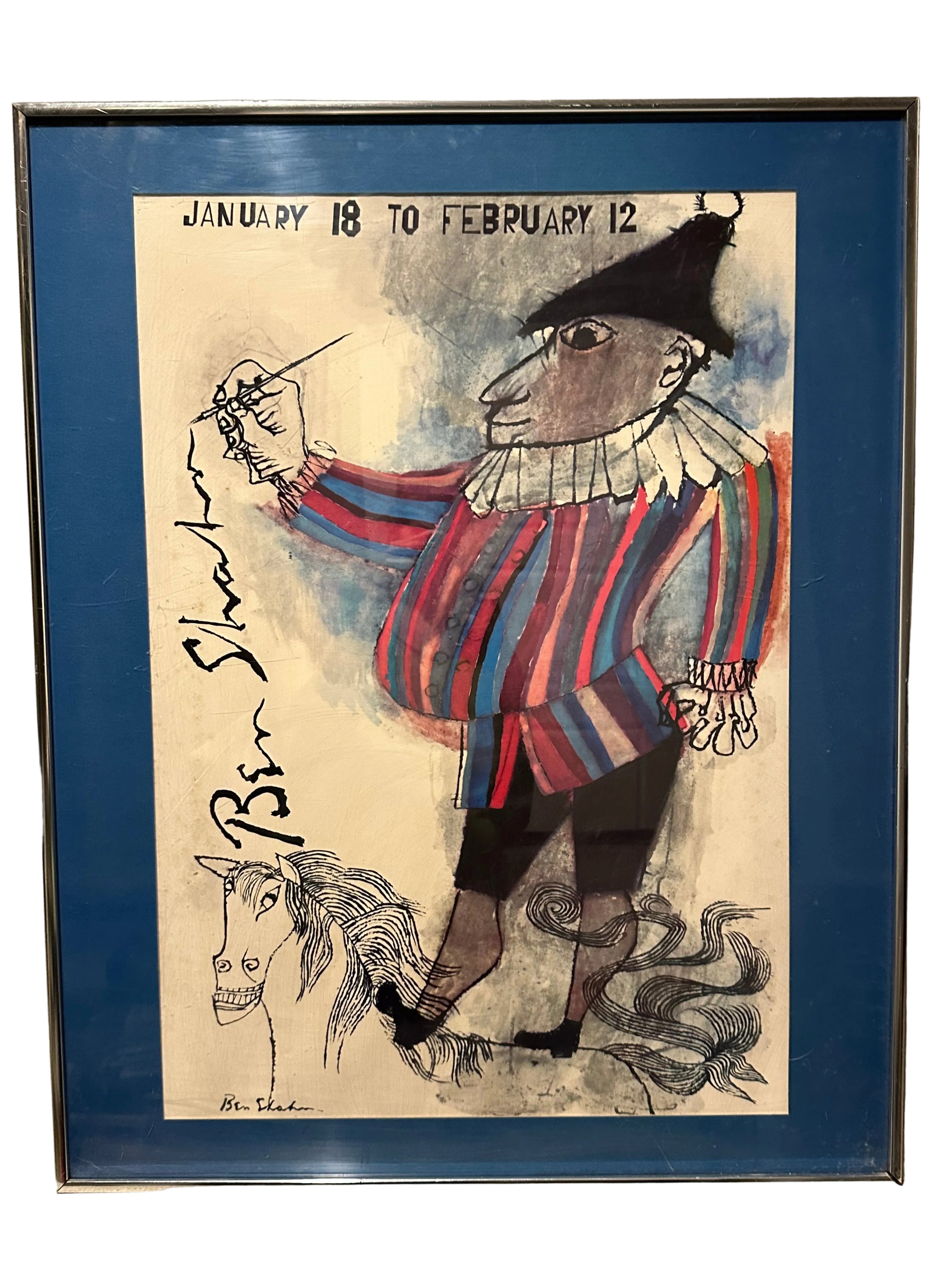 A colorful artwork featuring a whimsical figure in striped clothing, holding a brush, with a stylized horse in the background. Dates listed: January 18 to February 12.