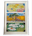 Framed artwork with three floral panels on a textured dark background