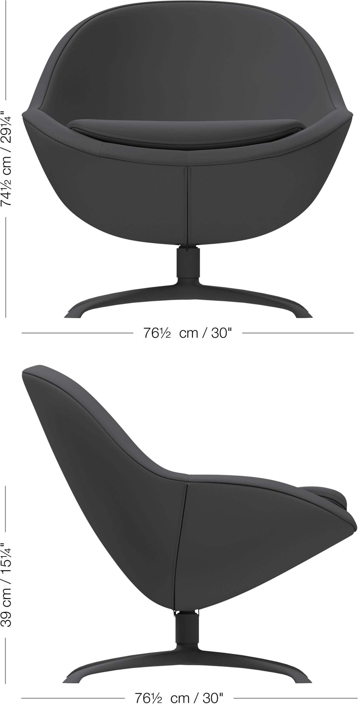 BoConcept Veneto swivel chair dimension drawing, front and side views, 30 in wide