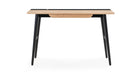 Oak table-top with four, black, slightly angled, legs. The legs have cross supports connecting the two ends which provides support but could also be used to hang items from. The desk has a single narrow profile drawer that will work for desk supplies like pens, rulers, etc. There are indentations and notches on the back of the desk, to give space to cables or supplies like pens etc.
