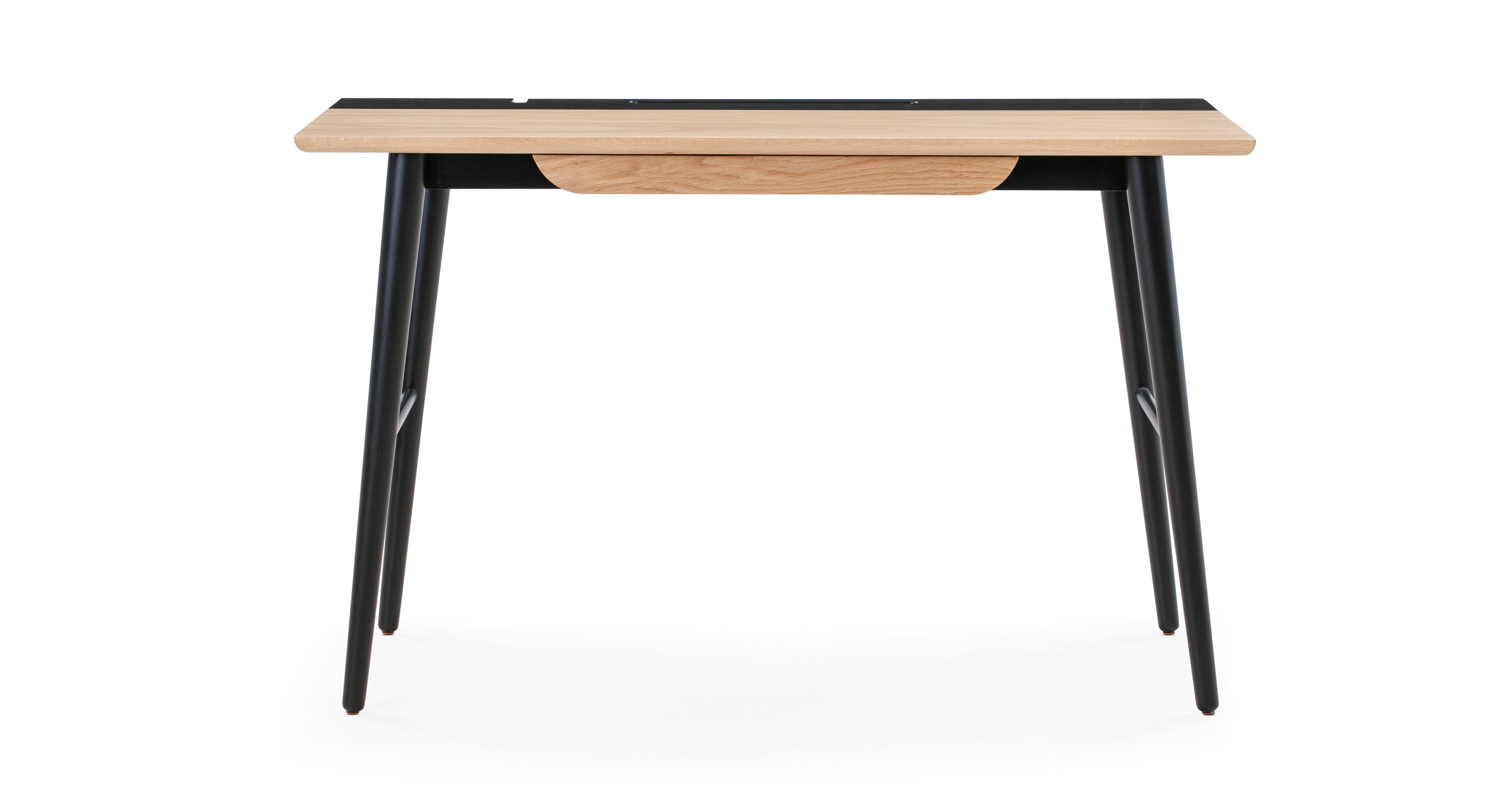 Oak table-top with four, black, slightly angled, legs. The legs have cross supports connecting the two ends which provides support but could also be used to hang items from. The desk has a single narrow profile drawer that will work for desk supplies like pens, rulers, etc. There are indentations and notches on the back of the desk, to give space to cables or supplies like pens etc.
