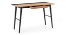 Oak table-top with four, black, slightly angled, legs. The legs have cross supports connecting the two ends which provides support but could also be used to hang items from. The desk has a single narrow profile drawer that will work for desk supplies like pens, rulers, etc. There are indentations and notches on the back to give space to cables or supplies like pens etc.