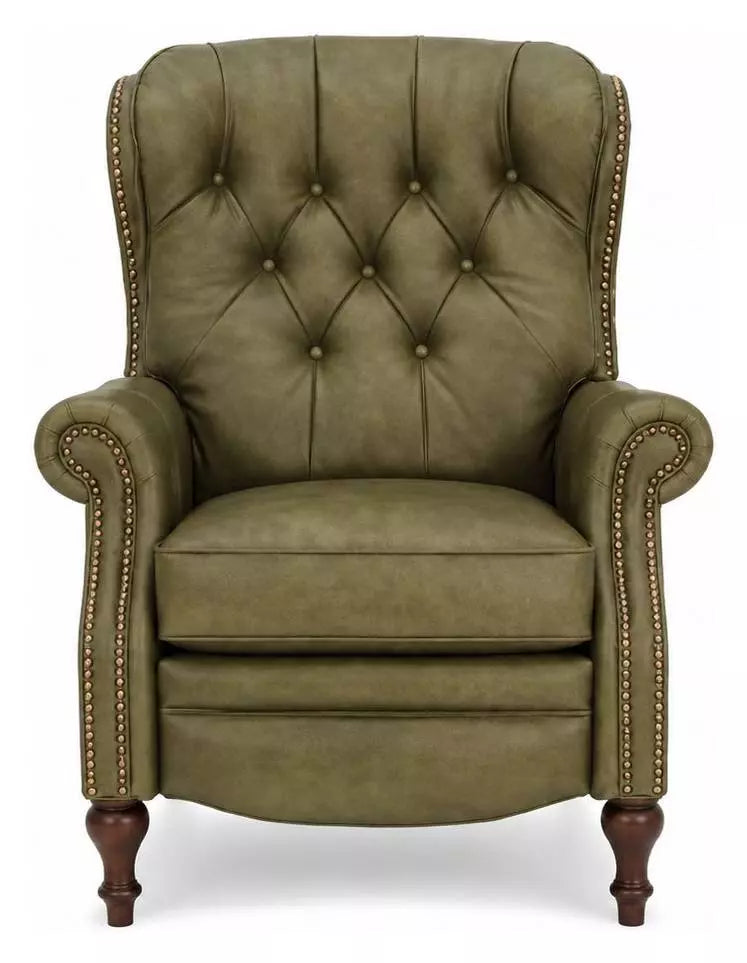Barcalounger Kendall olive leather wingback recliner, front view
