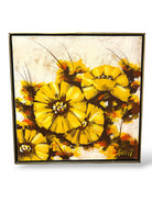A vibrant abstract painting featuring bold yellow flowers against a textured background. The artwork incorporates brown and orange accents.