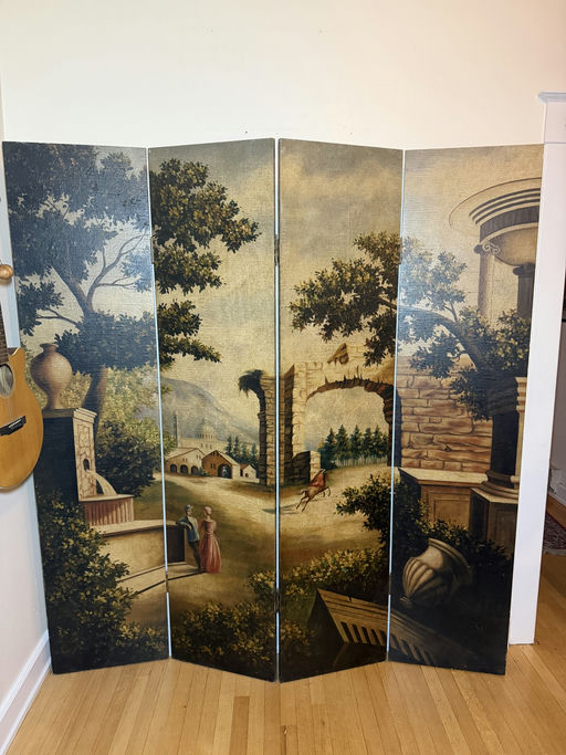 A four-panel decorative screen featuring a serene landscape with trees, classical architecture, and figures. Rich colors and detailed scenery.